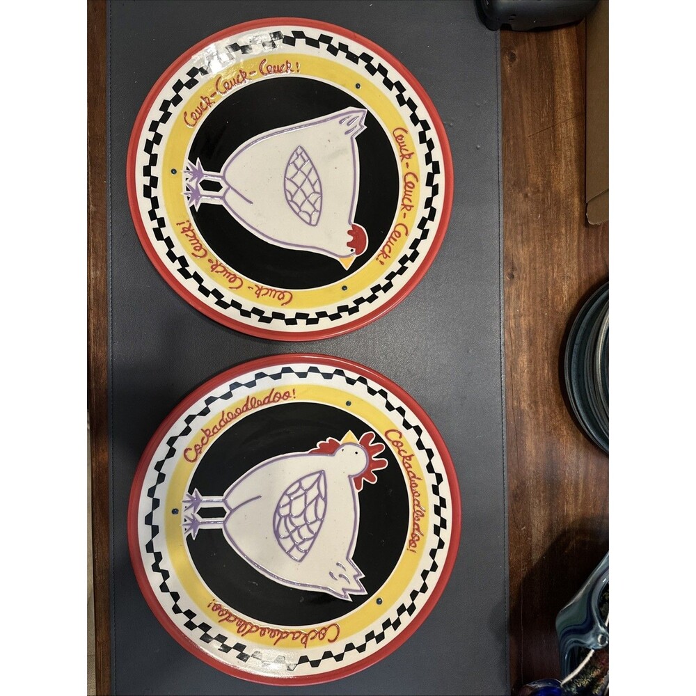 Becky Denny 12” Round Platters / Plates Cluck Cluck Cluck! & Cockadeedledoo! EUC
